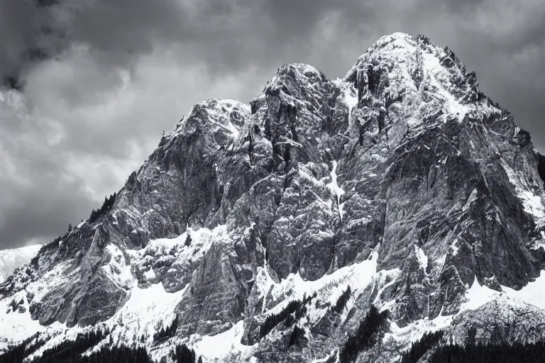 Image similar to small detailed dinosaur, valley, snowy peaks, by ansel adams, black and white, old, master photography