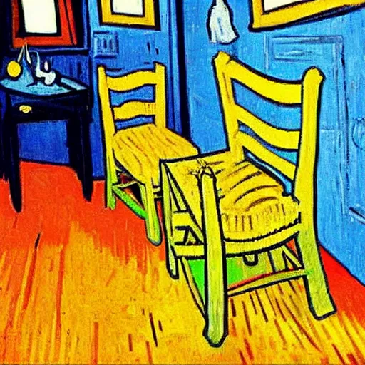 Image similar to Dachshund on a chair, in a bedroom, painted by Vincent Van Gogh