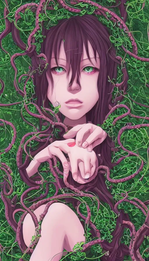 Prompt: very detailed portrait of a 2 0 years old girl surrounded by tentacles, the youg woman visage is blooming from fractal and vines, by gainax co,