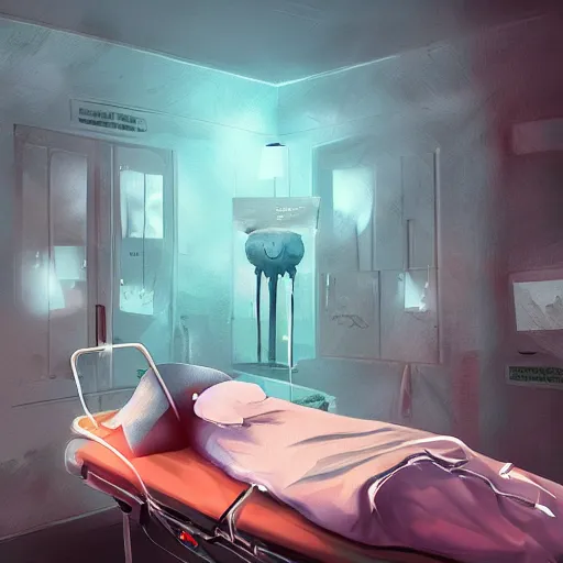 Image similar to I woke up in pieces, hospital bound, surreal, fantasy, digital art