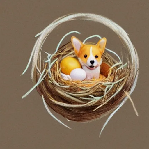 Image similar to concept art of a baby corgi emerging from an egg in a nest, anne geddes