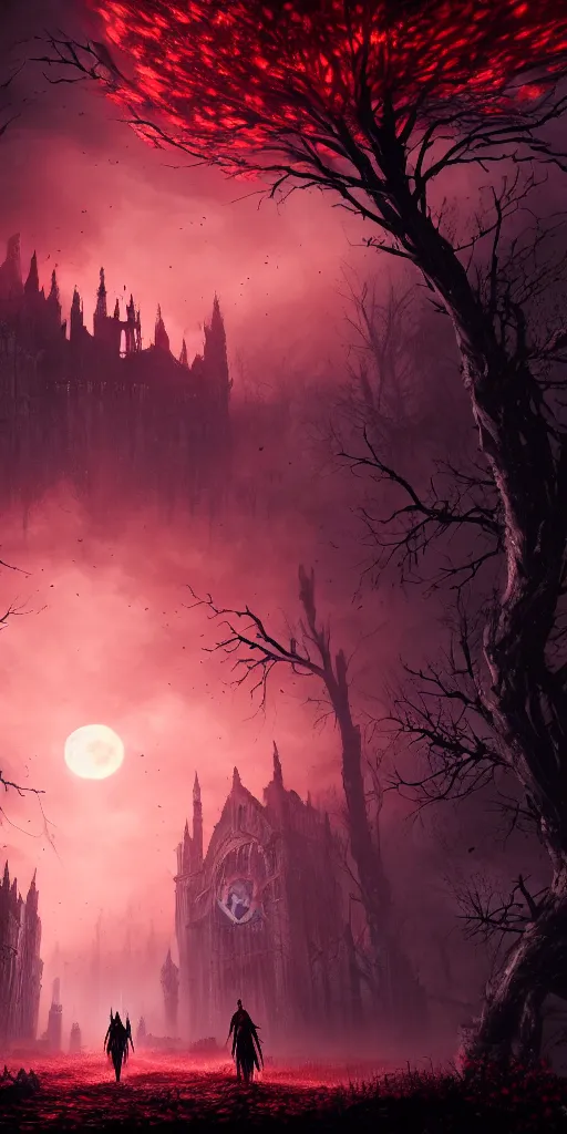 Image similar to abandoned bloodborne old valley with a obscure person at the centre and a ruined gothic city in the background, trees and stars in the background, falling red petals, epic red - orange moonlight, perfect lightning, wallpaper illustration by niko delort and kentaro miura, 4 k | 8 k, ultra realistic