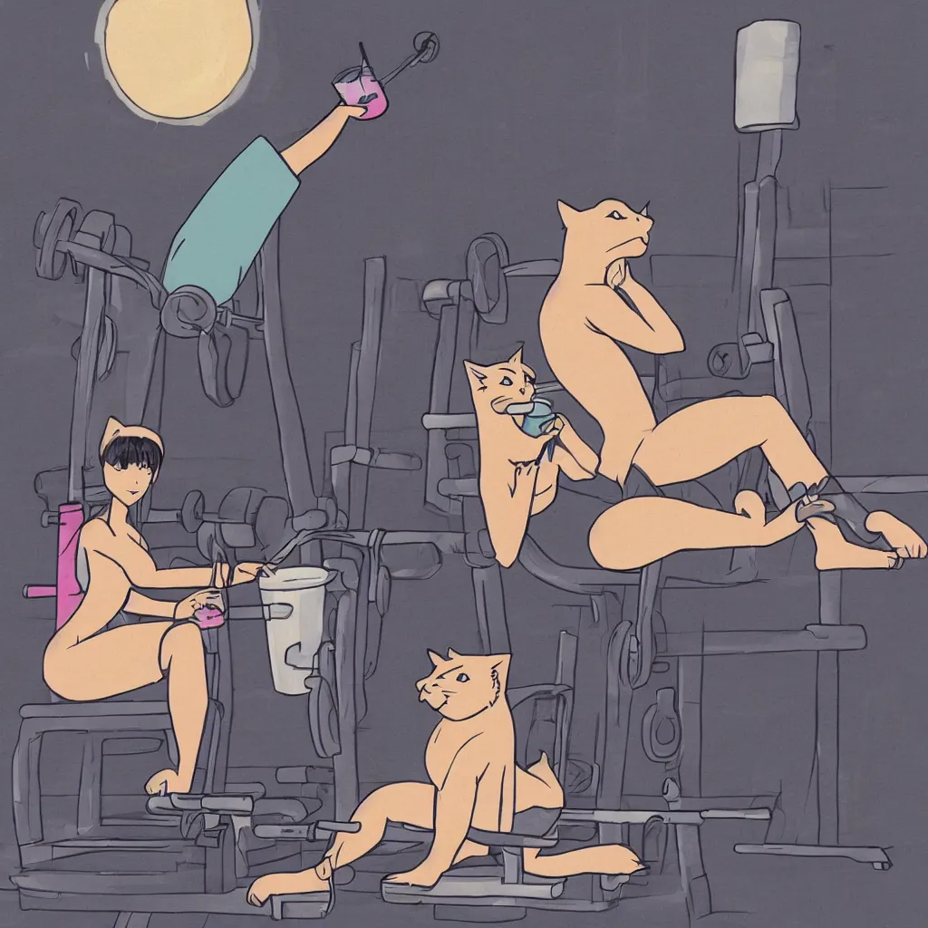 Prompt: a cat drinking a cocktail with a straw, sitting on the bench of a bodybuilding machine, anime art style