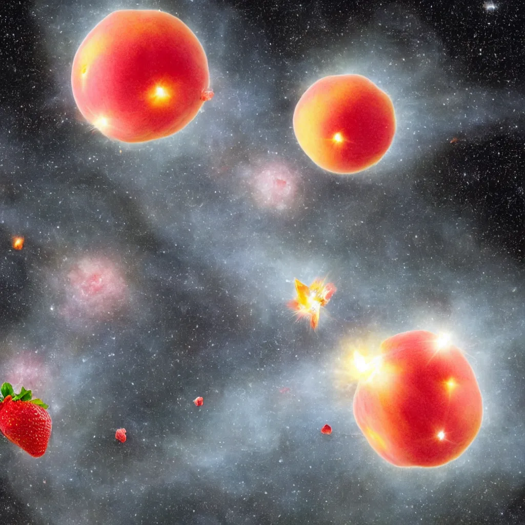 Prompt: a peach-like neutron star is bursting and throwing strawberry to all around