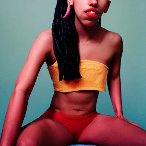 Image similar to realistic! photoshoot for a new heliot emil lookbook, color film photography, starring fka twigs, in style of tyler mitchell, 35mm