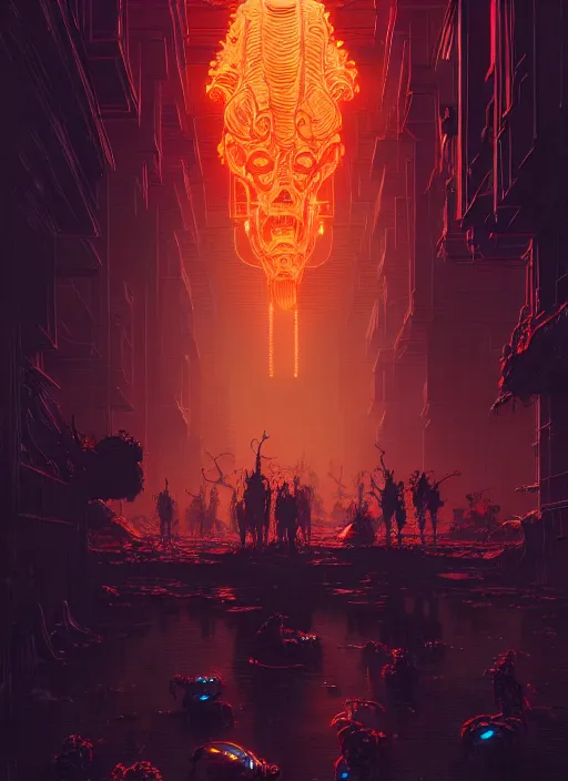 Image similar to masterpiece concept art, neon demons, by greg rutkowski and geof darrow, 8 k, intricate detail, cinematic lighting