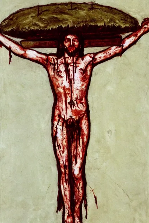 Image similar to bloody christ crucified on a very big mushroom painted in by cy twombly and andy warhol