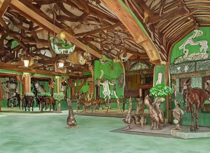 Prompt: main hall with horse statues, green and brown decorations by studio ghibli painting