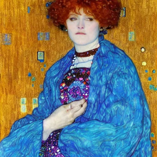 Image similar to An angelic woman with short red hair in light blue garbs by Gustav Klimt, ornate purple background, detailed