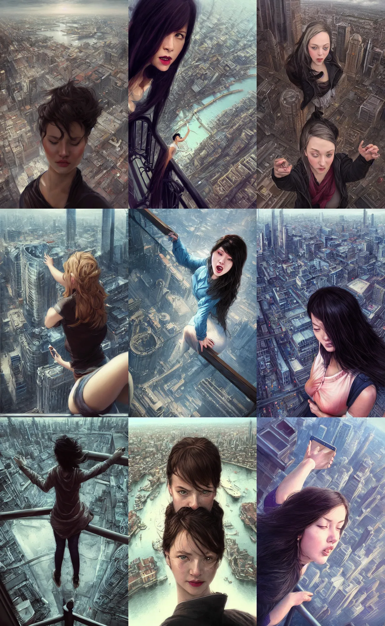 Prompt: high angle selfie taken by a woman sitting on a railing her eyes wide with fear lips parted about to scream, background is view looking down at a city, digital painting, intricately detailed, highly detailed, artwork by greg rutkowski, artwork by ross tran, artwork by randy vargas, artwork by artgerm, artwork by alex garner, trending on artstation