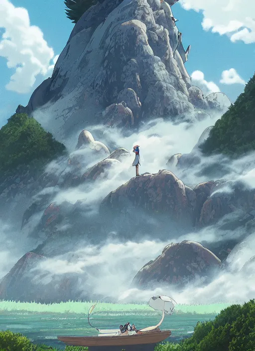 Image similar to the flim poster of a magical place around mountains and river, white spirit flying around the sky, miyazaki's animated film, ghibli studio, princess mononoke, 4 k, highly detailed, horizon view, cinematic composition, hyperdetailed,