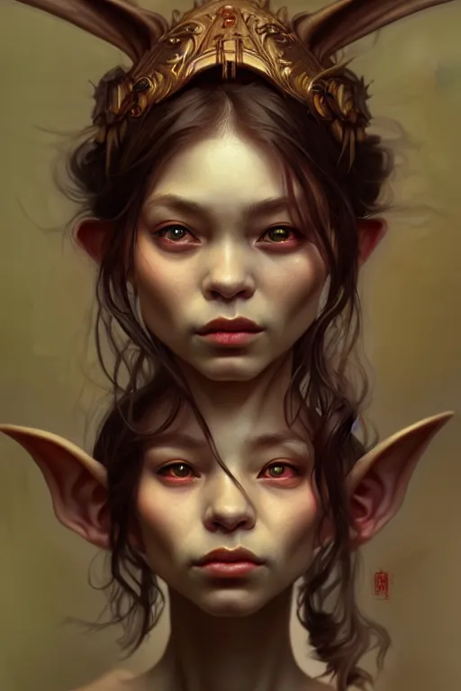 Image similar to beautiful goblin portrait, highly detailed, digital painting, artstation, sharp focus, illustration, art by tan zi and ayanamikodon and alphonse mucha and wlop