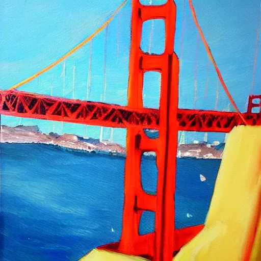 Image similar to a painting of the golden gate bridge in san francisco, a fine art painting by elaine duillo, featured on dribble, american scene painting, nightscape, impressionism, acrylic art,