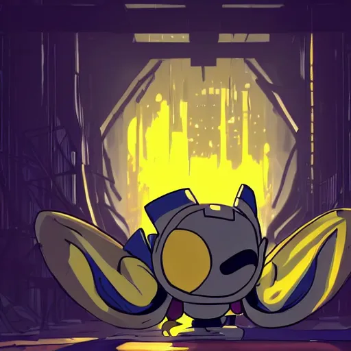 Image similar to Yellow bulb eyes, blue cloak, hidden black body, traveling through the cyberpunk city of hackers, hollow knight style.