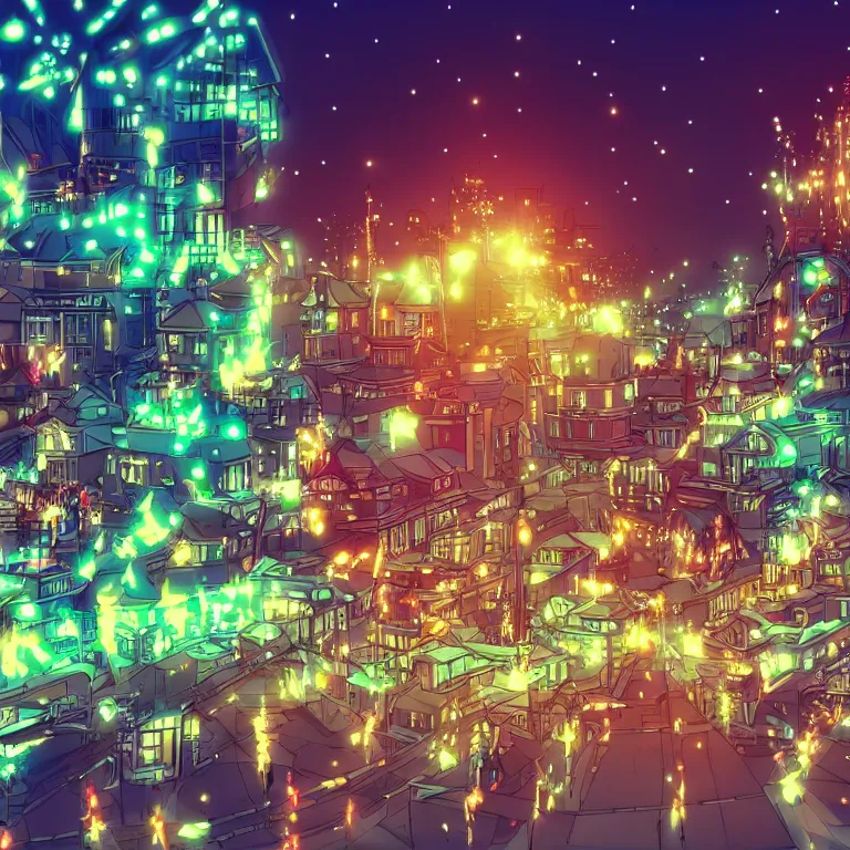 Prompt: anime styled city with many lights at night, lens flares, Christmas trees