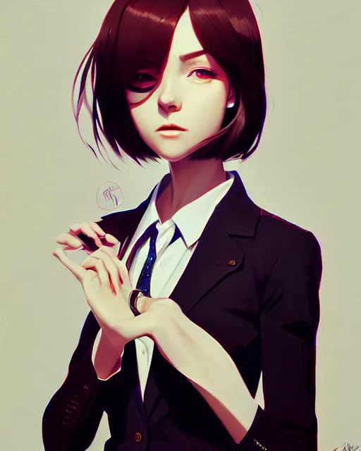 Image similar to a ultradetailed beautiful panting of a stylish woman wearing a shirt with a tie, by ilya kuvshinov, greg rutkowski and makoto shinkai, trending on artstation