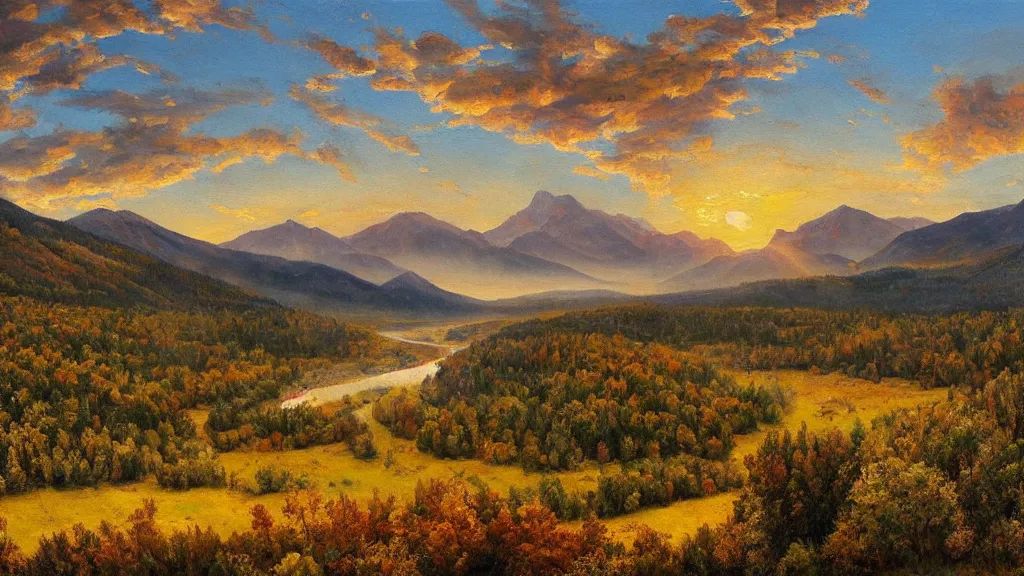 Prompt: The most beautiful panoramic landscape, oil painting, where the mountains are towering over the valley below their peaks shrouded in mist, the sun is just peeking over the horizon producing an awesome flare and the sky is ablaze with warm colors, lots of birds and stratus clouds. The river is winding its way through the valley and the trees are starting to turn yellow and red, by Greg Rutkowski