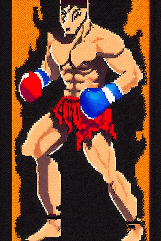Prompt: 8 bit nes graphics. antropomorphic muscular masculine wolf. kickboxer fighter, in shorts. wolf head. fine details, very sharp, art from nes game cartridge, marc simonetti and hermann nitsch