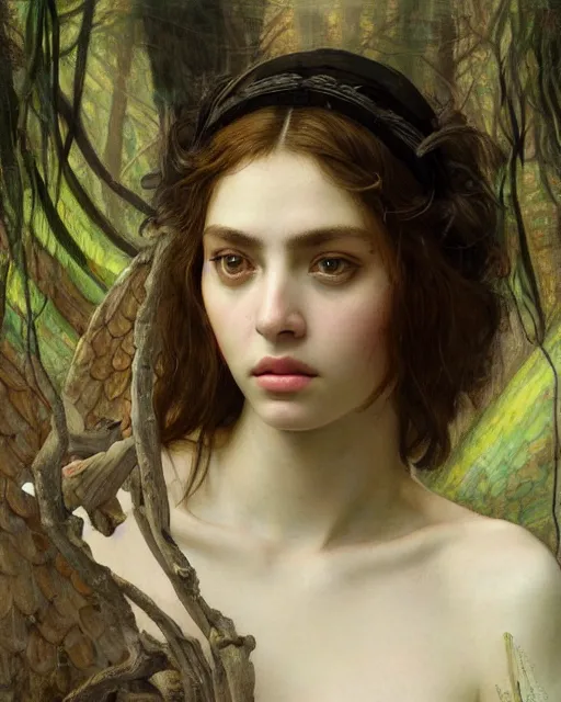 Prompt: close up portrait of yael shelbia as an angel in mysterious forest with low cut dress, by edgar maxence and caravaggio and michael whelan and delacroix style, artistic, intricate drawing, light brazen, realistic fantasy, extremely detailed and beautiful aesthetic face, 8 k resolution, dramatic lighting