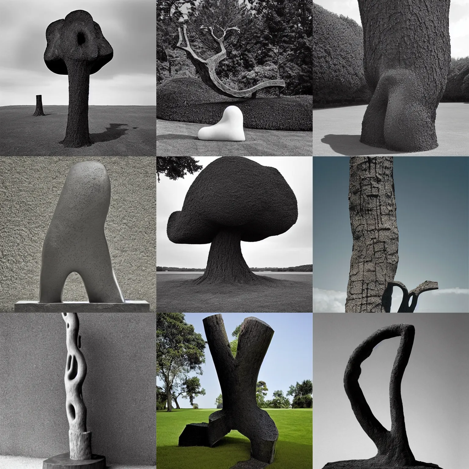 Prompt: Award-winning sculpture by Chema Madoz ((((and Eduardo Chillida)))). The sculpture represents a cloud growing from a tree’s trunk. Made of steel, hyper-detailed. Studio lightning