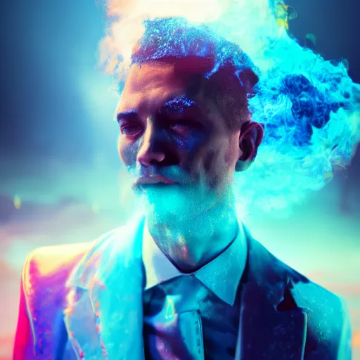 Image similar to portrait of man, his head is in smoke vaporizing, colorful vivid sky in background, made andrew chiampo, artstation, frederik heyman, extremely detailed, stunning volumetric lighting, fantasy, hyperrealism, 3 d render, octane render, unreal engine, fantasy, intricate detail, 4 k, futuristic, sharp focus, smooth