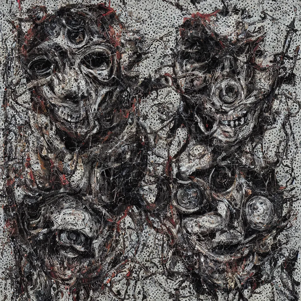 Image similar to camo made of eyes, technical, acrylic, teeth, eerie, tribal, clay, dotting, lines, stipple, points, cybernetic, style of old painting, francis bacon art, rei kawakubo art, hypnosis, eerie, terror, oil, neon, black and white background, splotches, colorful dots, ominous, terror, teeth, smiles