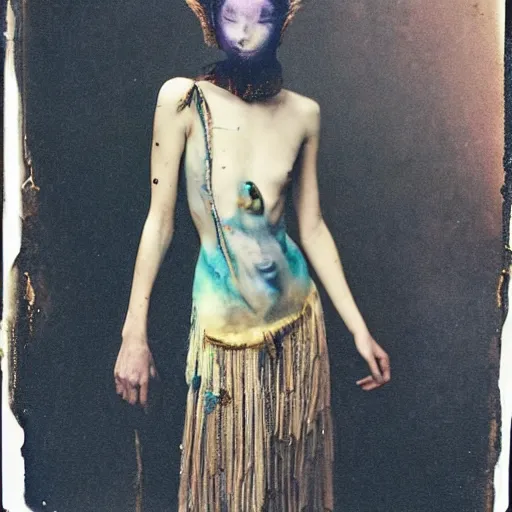 Image similar to damaged kodak portra 4 0 0, wetplate, photo of a surreal artsy dream scene,, very beautiful model, weird fashion, grotesque, extravagant dress, strange pose, carneval, with an animal, wtf, photographed by paolo roversi style