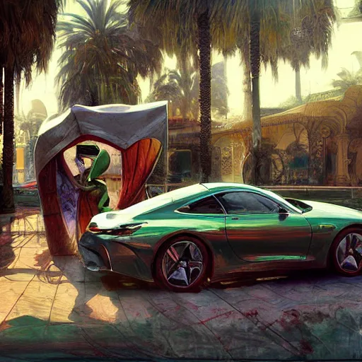 Prompt: kermit inside a car, wlop, mercedes, moroccan city, mosque, palm trees, redneck country, style in digital painting, concept art, smooth illustration, by ruan jia and mandy jurgens and william - adolphe bouguereau, artgerm