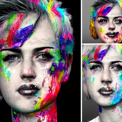 Image similar to portrait made out of exploding paint, punk rock women, short blond hair, octane render, highly detailed, comic book art