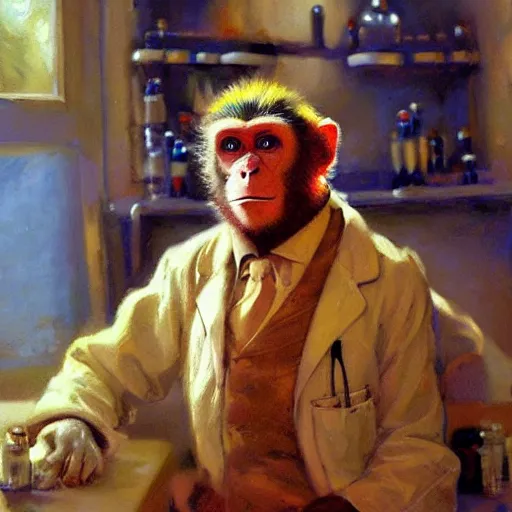 Image similar to portrait of a monkey doctor at a chemical lab, artwork by gaston bussiere, craig mullins, trending on artstation, monkey dressed as a scientist, using googles and wearing a doctor coat