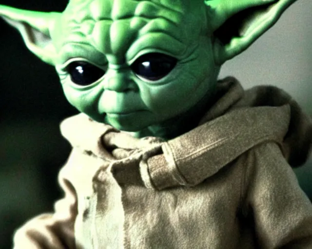 Image similar to Film still close-up shot of Baby yoda as Michael Myers from the movie Halloween. Photographic, photography