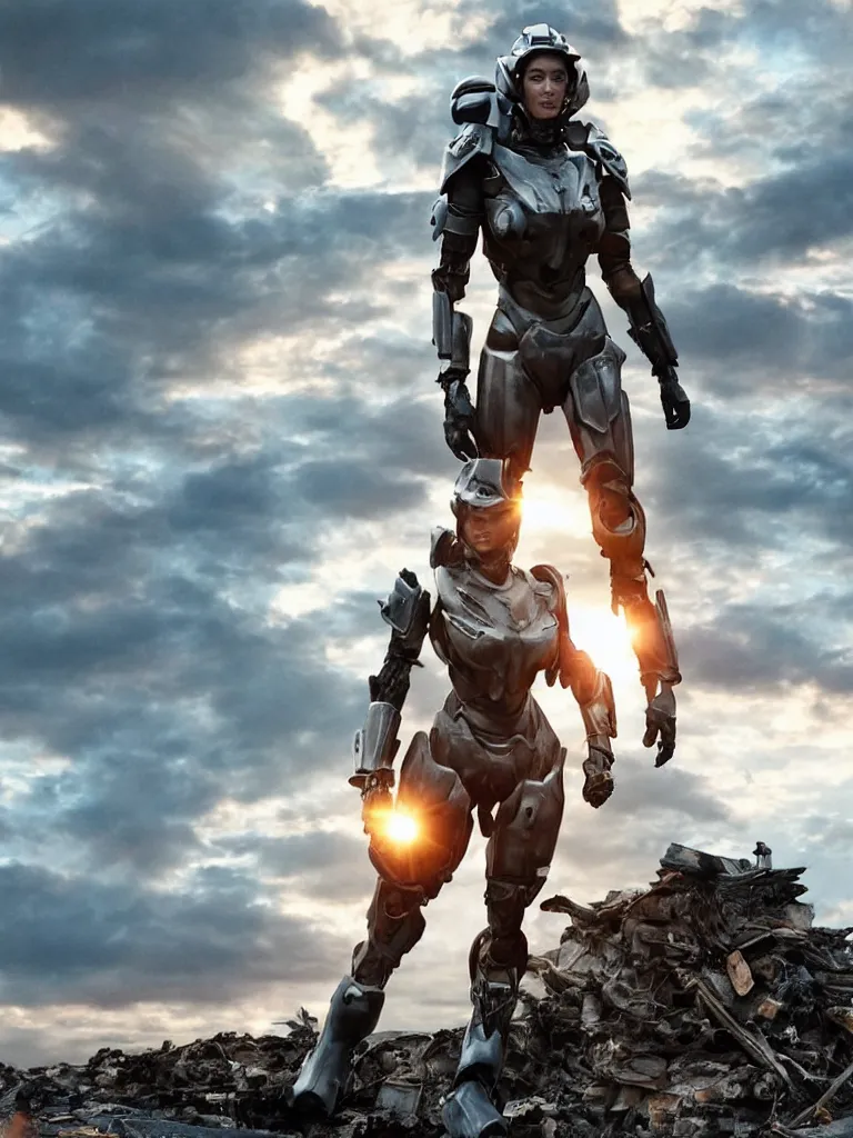 Prompt: emily blunt in futuristic power armor, standing atop a pile of rubble, sunset and big clouds behind her