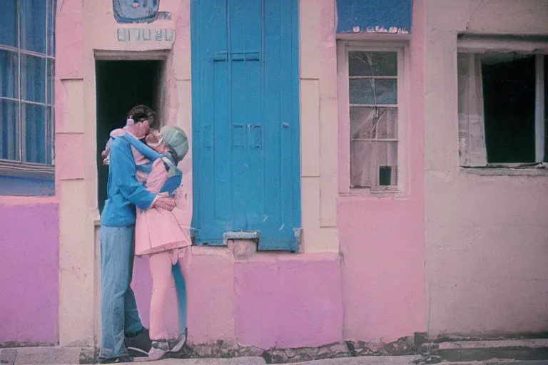 Image similar to film photography, 35mm, 1970s, love and romantic in blue pink colors, feeling of young and freedom