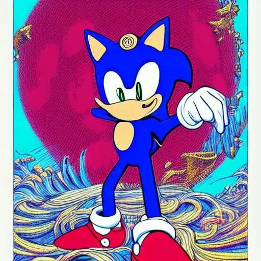 Prompt: a drawing of sonic the hedgehog in the style of jean giraud, artwork by josan gonzalez!!!!, vaporwave aesthetic!!!!