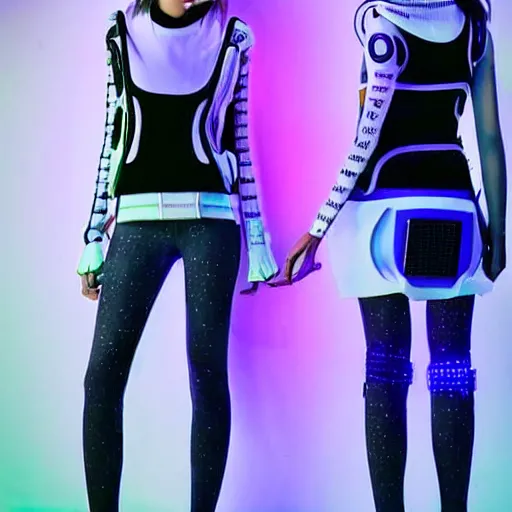 Image similar to very symmetrical fruits magazine steetwear photo of cute cool fashion worn by teens teens in the far future with glowing led lights, futuristic!!! haute couture fashion!!!!, nanotechnology cybernetics!!! solar power prosthetic, illustration style of ai yazawa