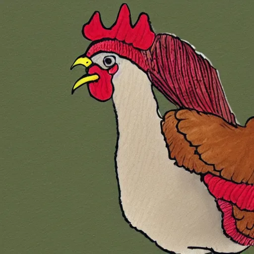 Prompt: A chicken knitting a scarf, color drawing