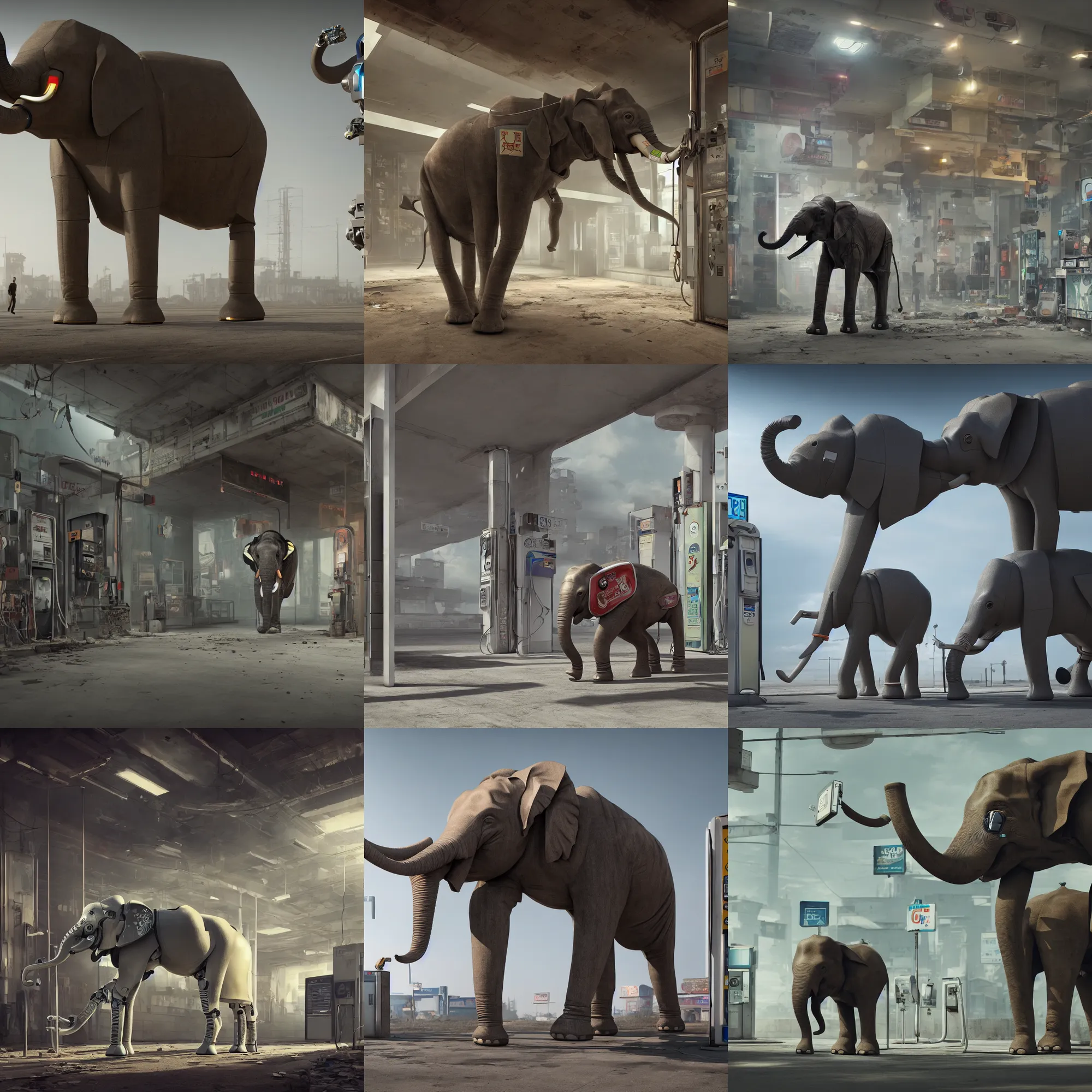 Prompt: a robotic elephant walking through an abandoned gas station in the style of ian hubert, cyberpunk, science fiction, mystical, 8 k, high definition, realism, octane render, cinematic lighting