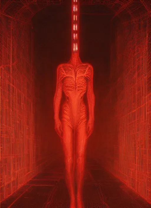 Prompt: Portrait Masterpiece, Woman, in a h.r. giger city, red, glowing, wires everywhere, by Edgar Maxence and Ross Tran, Zdzisław Beksiński, and Michael Whelan, distant, gustav dore, H.R. Giger, 8k, octane render