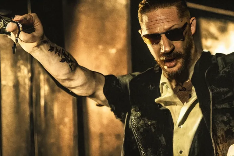 Image similar to film still of Tom Hardy as Max Payne at Club RagnaRock in the Max Payne movie, 4k