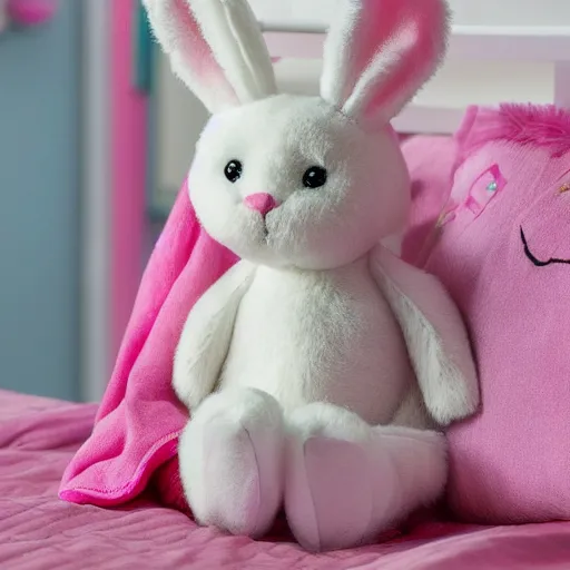 Image similar to flopsy the stuffed bunny comes to life in a 9 year old girls bedroom, photo realistic, fluffy, cute, adorable