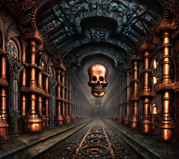 Image similar to steam necropolis, memento mori, gothic, neo - gothic, art nouveau, hyperdetailed copper patina medieval icon, stefan morrell, philippe druillet, ralph mcquarrie, concept art, steampunk, unreal engine, detailed intricate environment, octane render, moody atmospherics, volumetric lighting, ultrasharp, ominous, otherworldly