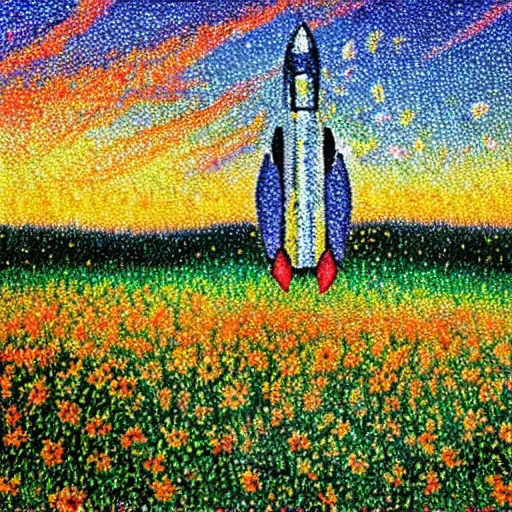 Prompt: rocket landing in a field of flowers at sunset, pointillism and impressionism painting