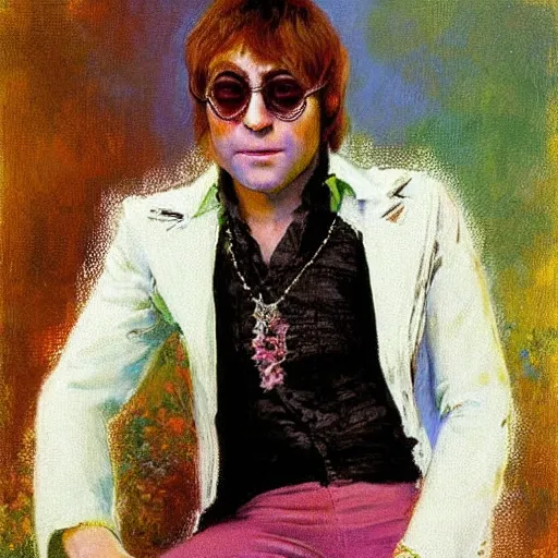 Image similar to portrait of elton john lennon wearing a see - through shirt in 1 9 7 0 by ilya repin