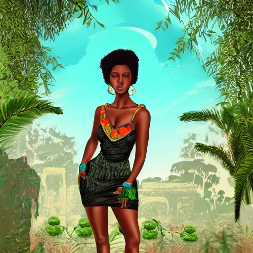 Image similar to a portrait of a black curly woman and ancient ruins with plants,digital art,retrowave art,trending on art station