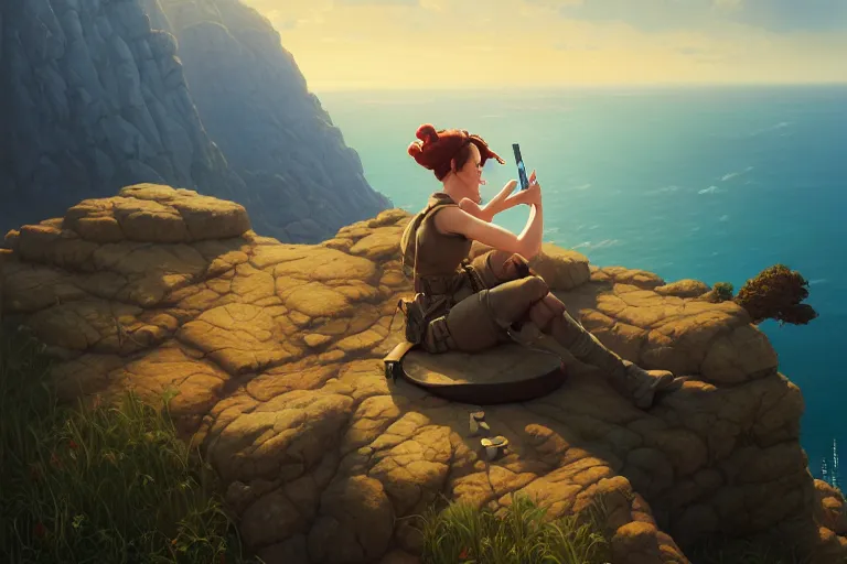 Image similar to a painting of a military woman sitting on a cliff, smoking a cigarette, a character portrait bytom bagshaw, rhads, makoto shinkai, lois van baarle, ilya kuvshinov, and rossdraws, global illumination, cg society, fantastic realism, intricate, detailed