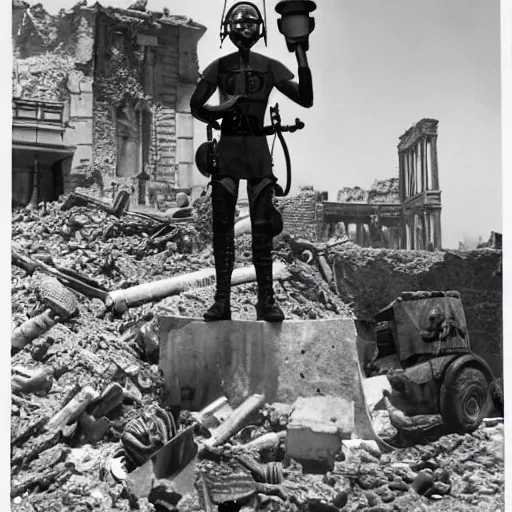 Image similar to apocalyptic disney characters wearing gas masks, war zone destroyed roman buildings in the background landscape , 1940s film photography