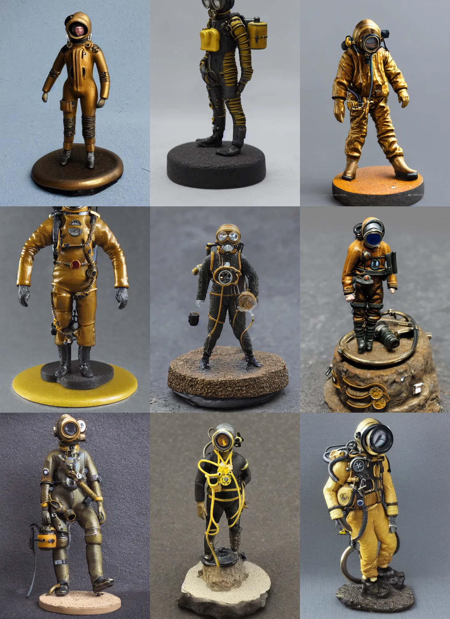 Image similar to 80mm resin detailed miniature of a Diver, diving suit, steampunk, helmet, boots, symbol, textured base; Miniature Product Photos, 4K, view from front