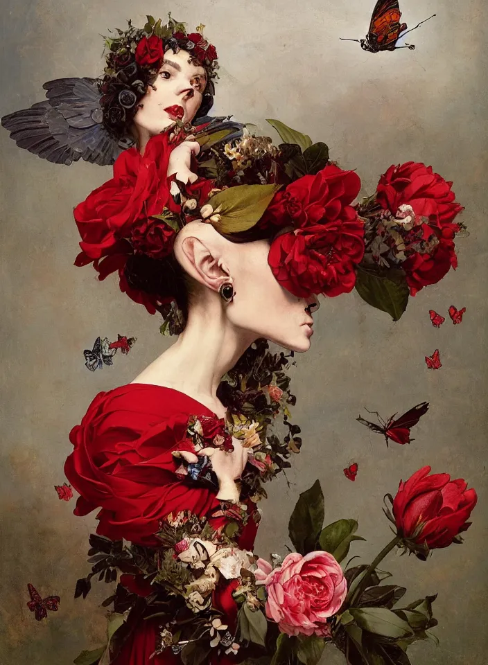 Prompt: a woman wearing a skull armor with a wreath of roses and tulips, dressed in a red dress, flying around the bird, buds and butterflies, dark background, painted by Caravaggio, Greg rutkowski, Sachin Teng, Thomas Kindkade, Alphonse Mucha, Norman Rockwell, Tom Bagshaw.