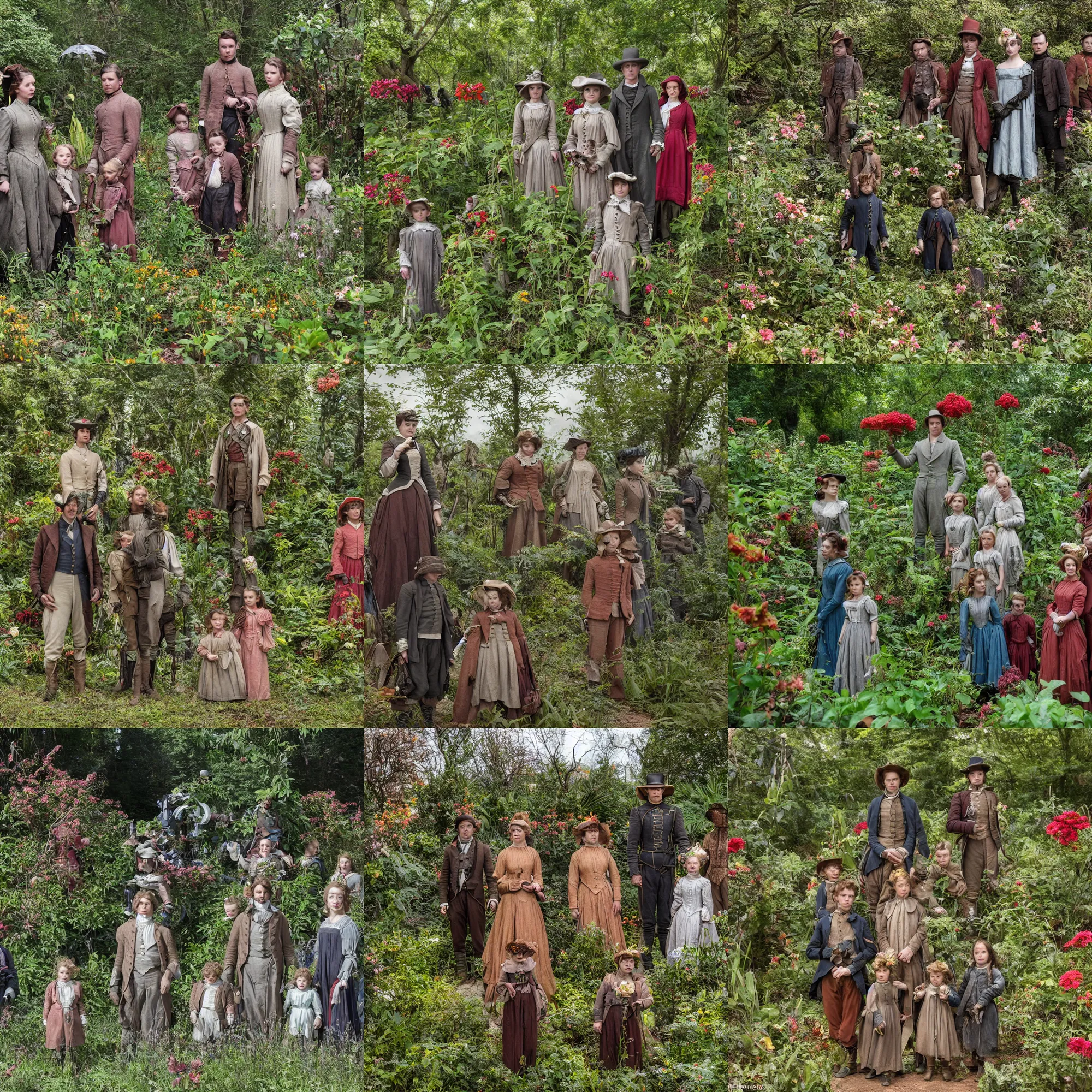 Prompt: sharp, highly detailed, 10240k film, 17500mm film still from a sci fi blockbuster color movie made in 2019, set in 1860, of a family standing in a park, next to some strange alien plants and flowers, on an alien planet, the family are all wearing 1860s era clothes, good lighting, enhanced faces, 350mm f/1.4L lens