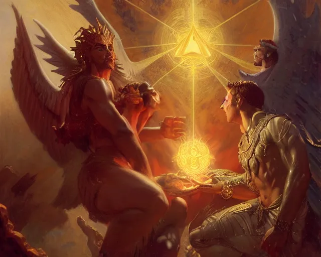 Image similar to attractive male deity, casting demonic magic, summoning handsome lucifer morning star. highly detailed painting by gaston bussiere, craig mullins, j. c. leyendecker 8 k